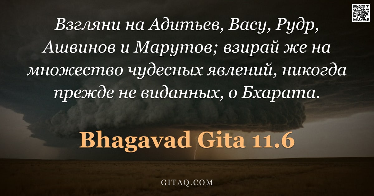Бхагавад-гита 11.6 — "Взгляни на Адитьев, Васу, Рудр, Ашвинов и Марутов; взирай же на множество чудесных явлений, никогда "