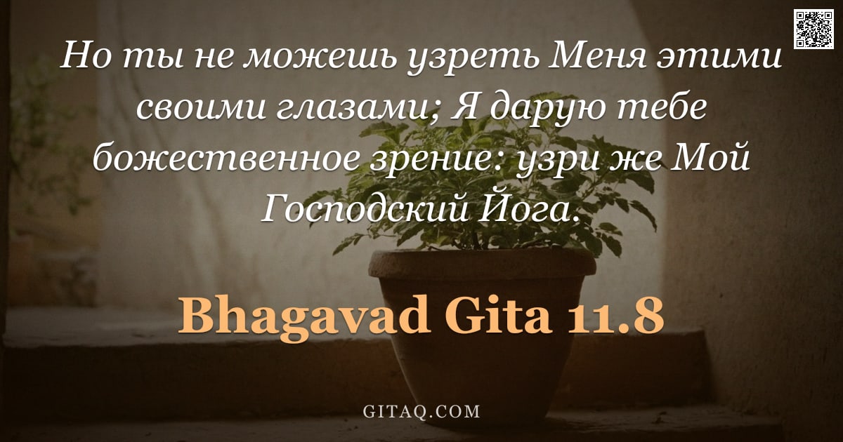 Бхагавад-гита 11.8 — "Но ты не можешь узреть Меня этими своими глазами; Я дарую тебе божественное зрение: узри же Мой Госп"
