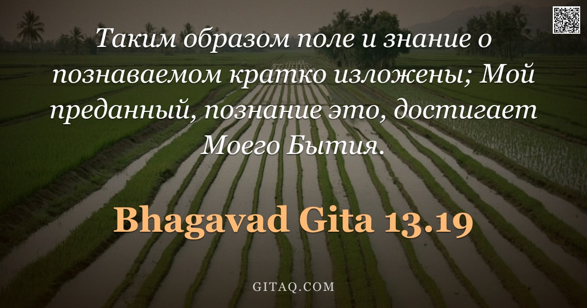 Бхагавад-гита 13.19 — "Таким образом поле и знание о познаваемом кратко изложены; Мой преданный, познание это, достигает Мо"