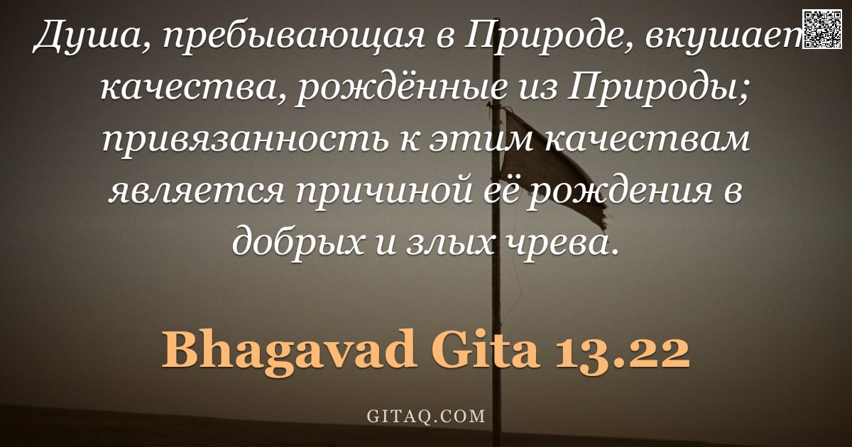 Бхагавад-гита 13.22 — "Душа, пребывающая в Природе, вкушает качества, рождённые из Природы; привязанность к этим качествам "