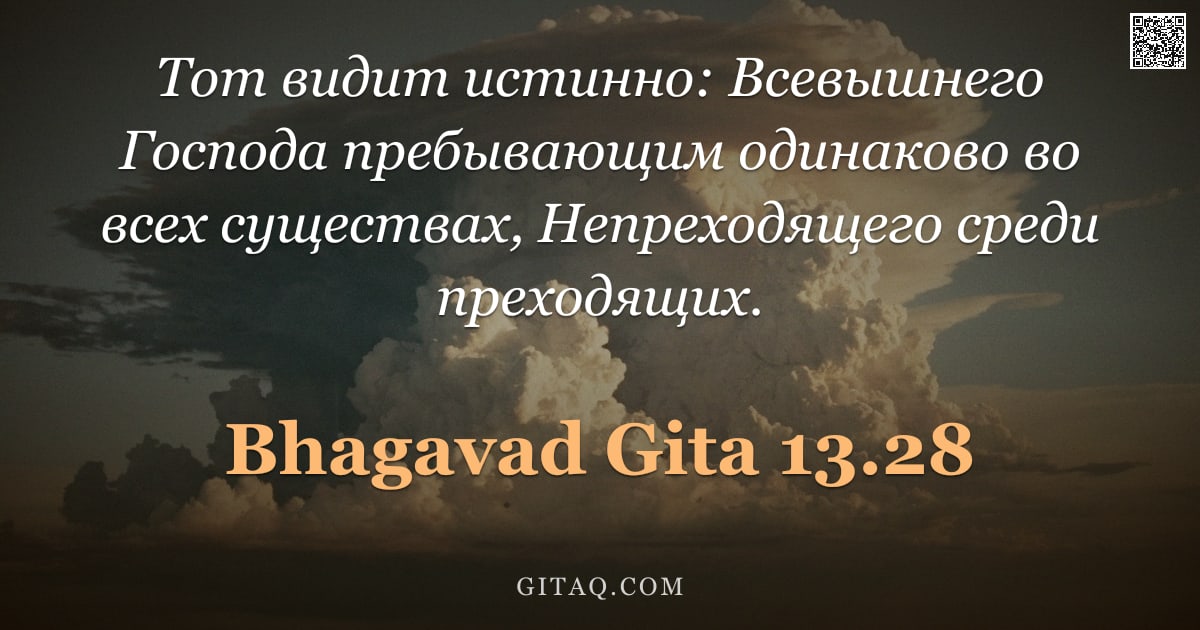 Бхагавад-гита 13.28 — "Тот видит истинно: Всевышнего Господа пребывающим одинаково во всех существах, Непреходящего среди п"