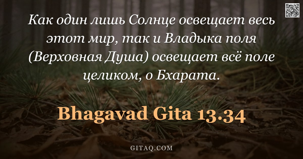 Бхагавад-гита 13.34 — "Как один лишь Солнце освещает весь этот мир, так и Владыка поля (Верховная Душа) освещает всё поле ц"