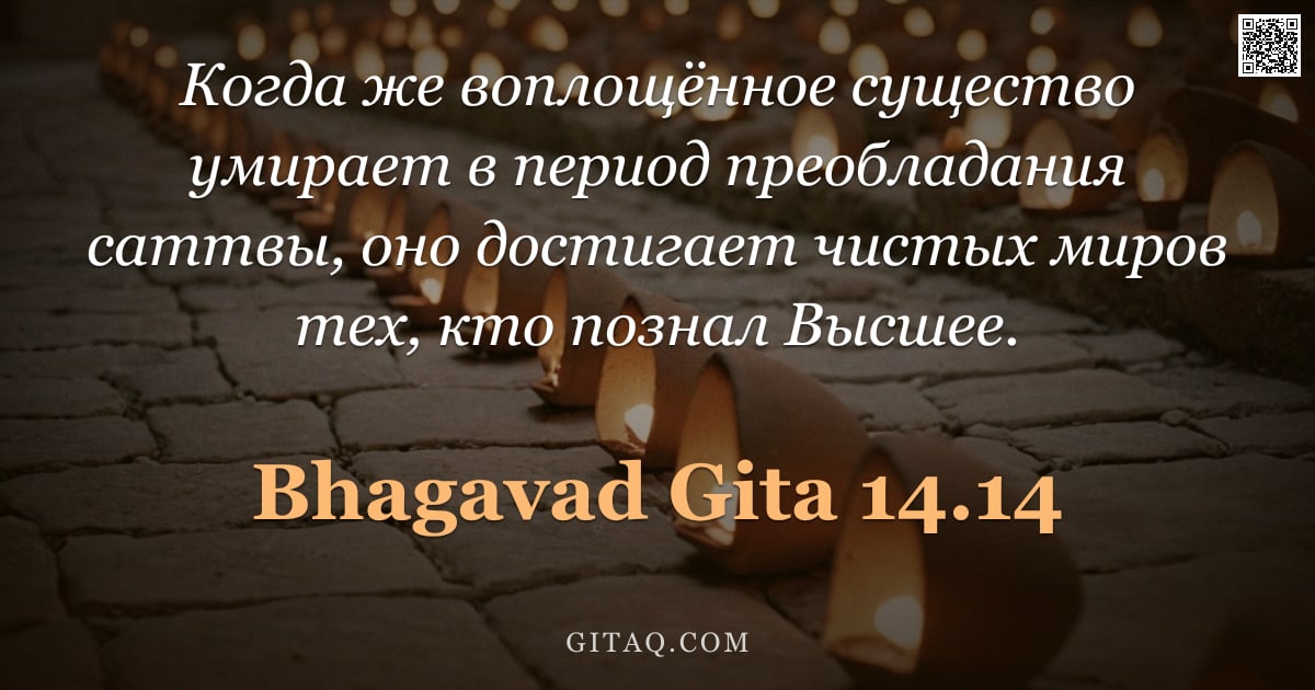 Бхагавад-гита 14.14 — "Когда же воплощённое существо умирает в период преобладания саттвы, оно достигает чистых миров тех, "