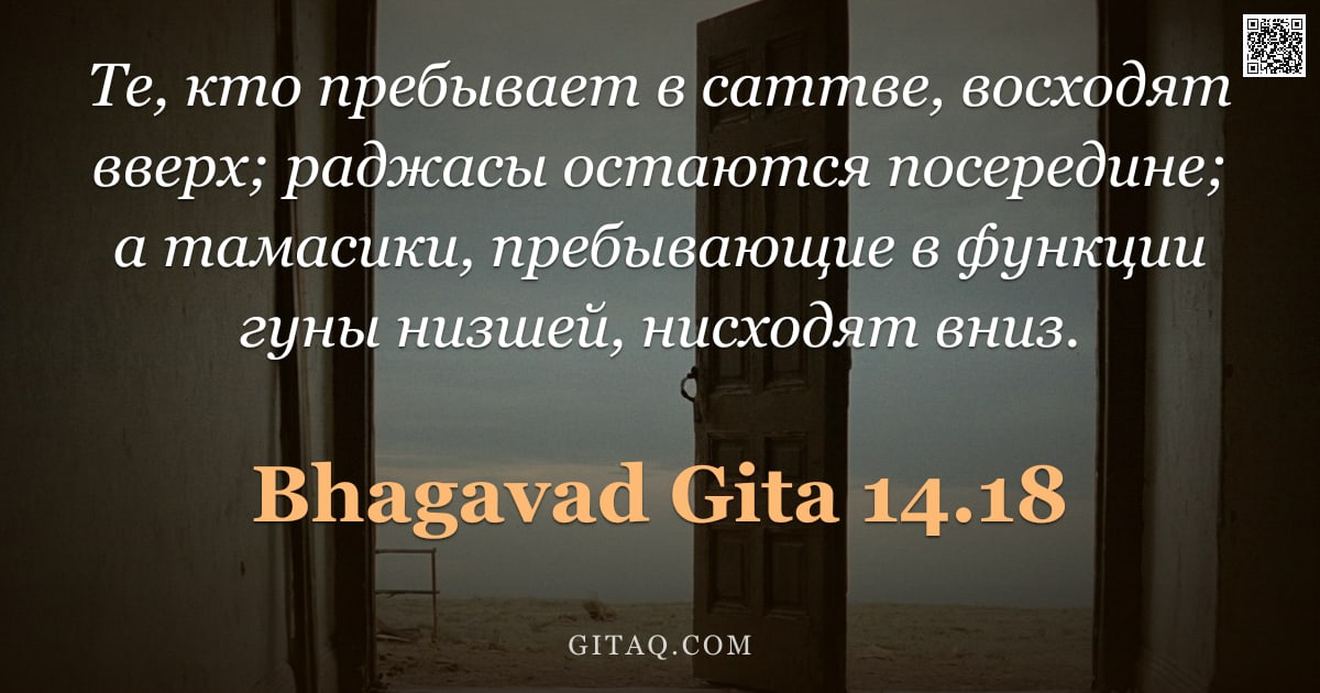 Бхагавад-гита 14.18 — "Те, кто пребывает в саттве, восходят вверх; раджасы остаются посередине; а тамасики, пребывающие в ф"