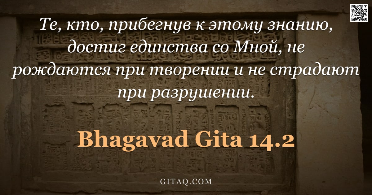 Бхагавад-гита 14.2 — "Те, кто, прибегнув к этому знанию, достиг единства со Мной, не рождаются при творении и не страдают "