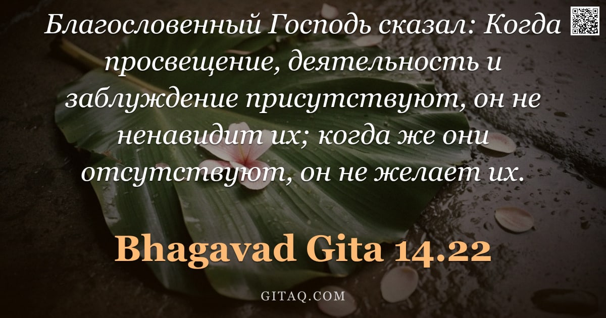 Бхагавад-гита 14.22 — "Благословенный Господь сказал: Когда просвещение, деятельность и заблуждение присутствуют, он не нен"