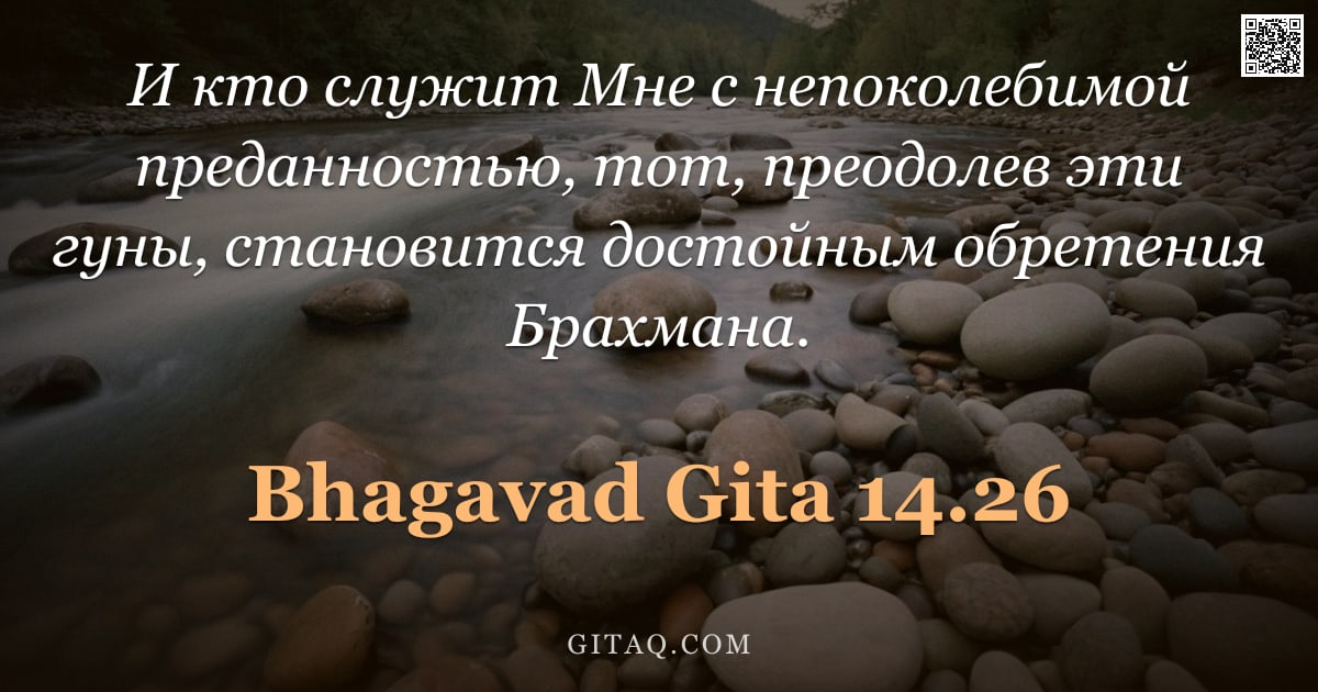 Бхагавад-гита 14.26 — "И кто служит Мне с непоколебимой преданностью, тот, преодолев эти гуны, становится достойным обретен"