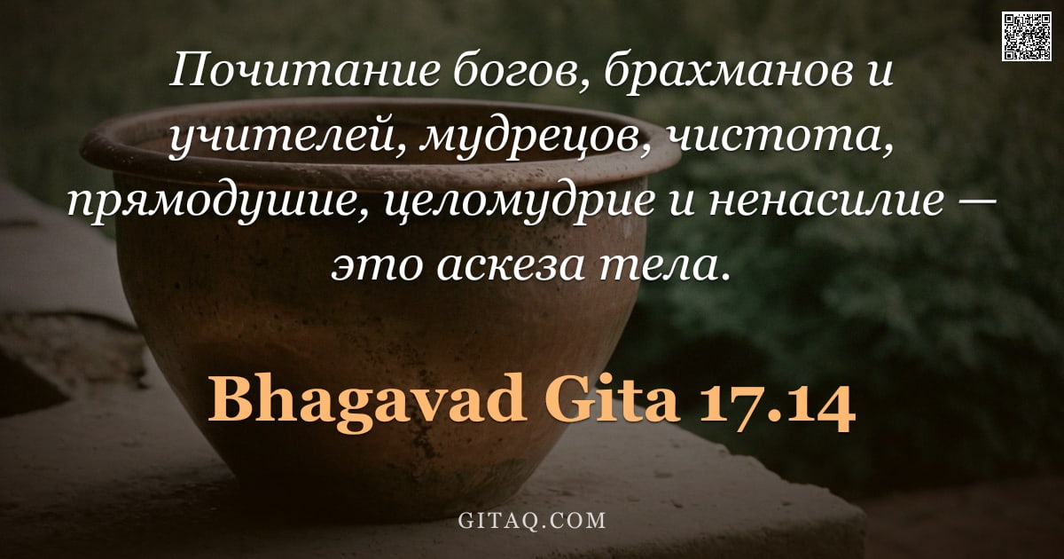 Бхагавад-гита 17.14 — "Почитание богов, брахманов и учителей, мудрецов, чистота, прямодушие, целомудрие и ненасилие — это а"