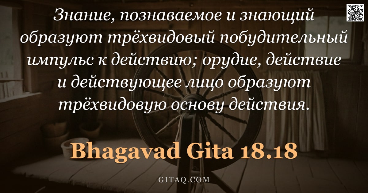Бхагавад-гита 18.18 — "Знание, познаваемое и знающий образуют трёхвидовый побудительный импульс к действию; орудие, действи"
