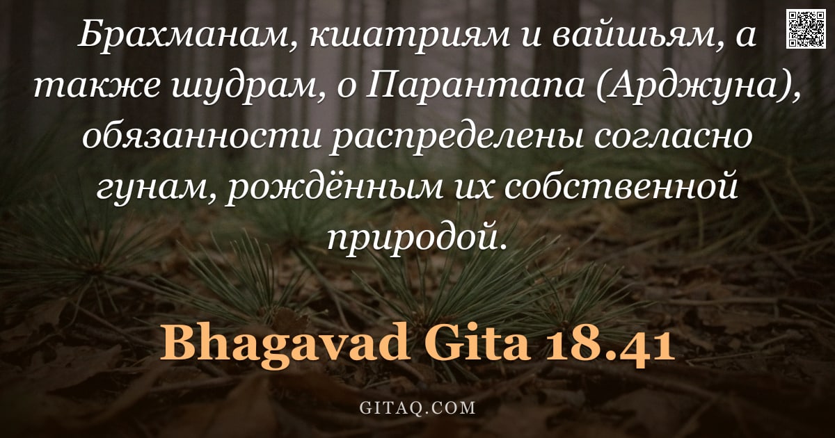 Бхагавад-гита 18.41 — "Брахманам, кшатриям и вайшьям, а также шудрам, о Парантапа (Арджуна), обязанности распределены согла"
