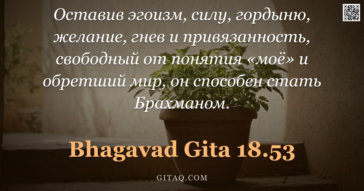 Бхагавад-гита 18.53 — "Оставив эгоизм, силу, гордыню, желание, гнев и привязанность, свободный от понятия «моё» и обретший "