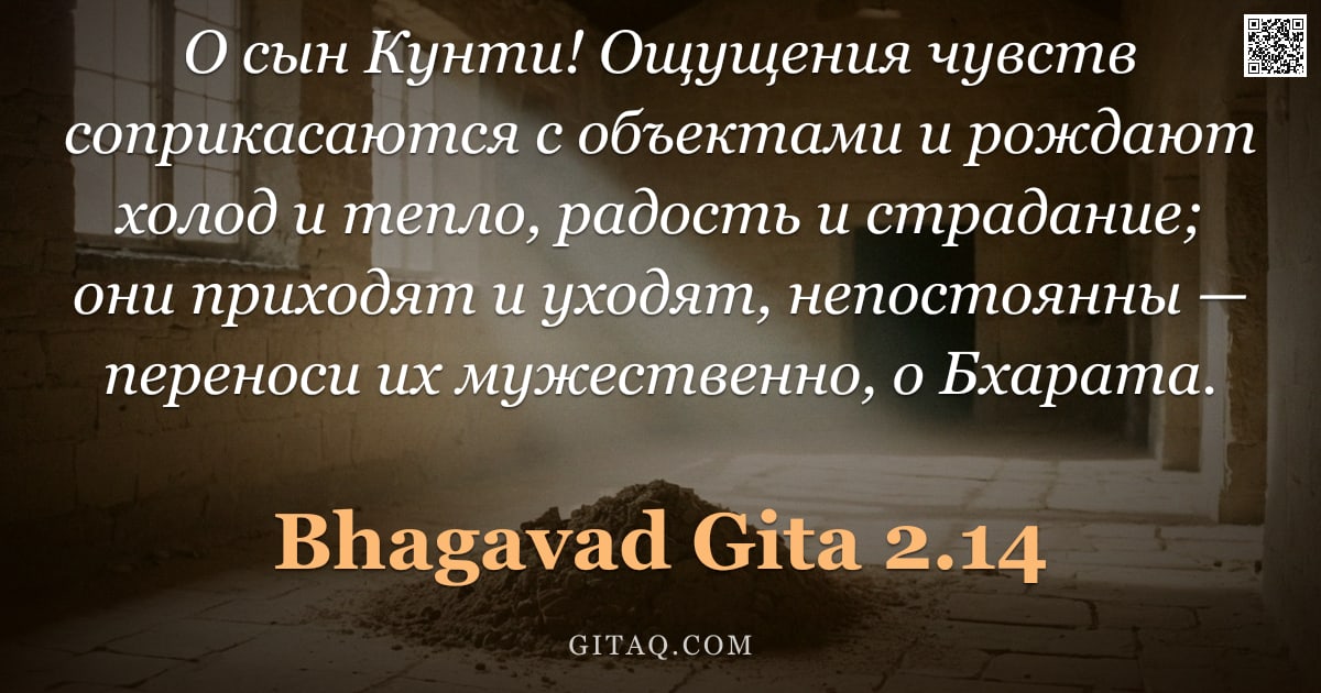 Бхагавад-гита 2.14 — "О сын Кунти! Ощущения чувств соприкасаются с объектами и рождают холод и тепло, радость и страдание;"