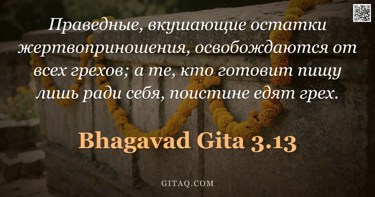 Бхагавад-гита 3.13 — "Праведные, вкушающие остатки жертвоприношения, освобождаются от всех грехов; а те, кто готовит пищу "
