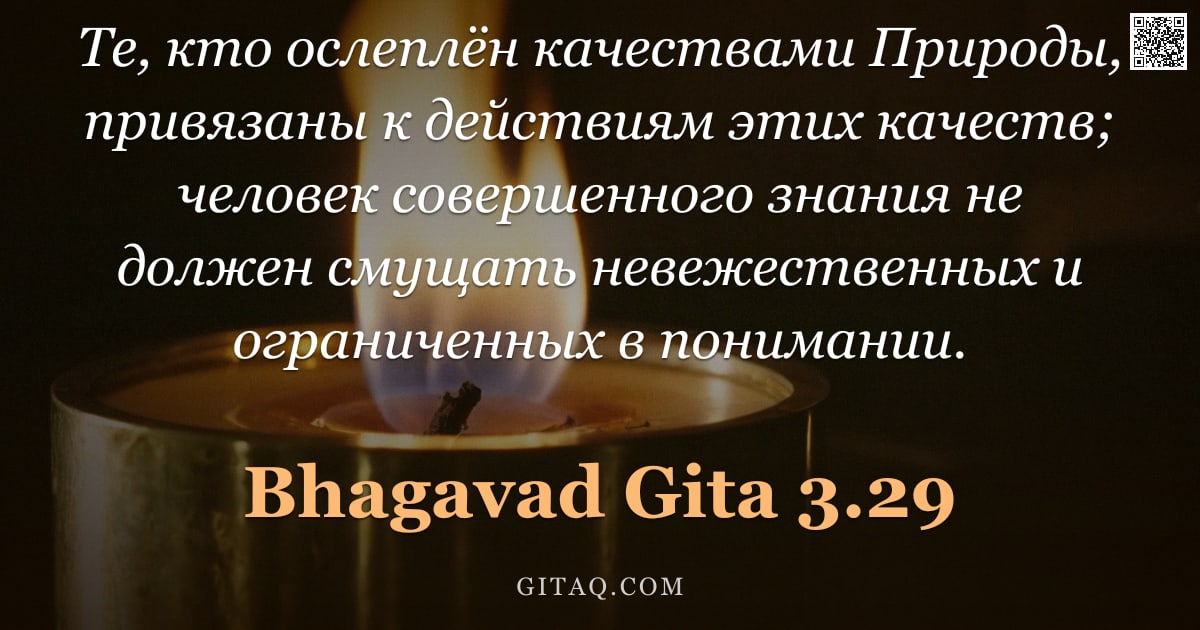 Бхагавад-гита 3.29 — "Те, кто ослеплён качествами Природы, привязаны к действиям этих качеств; человек совершенного знания"
