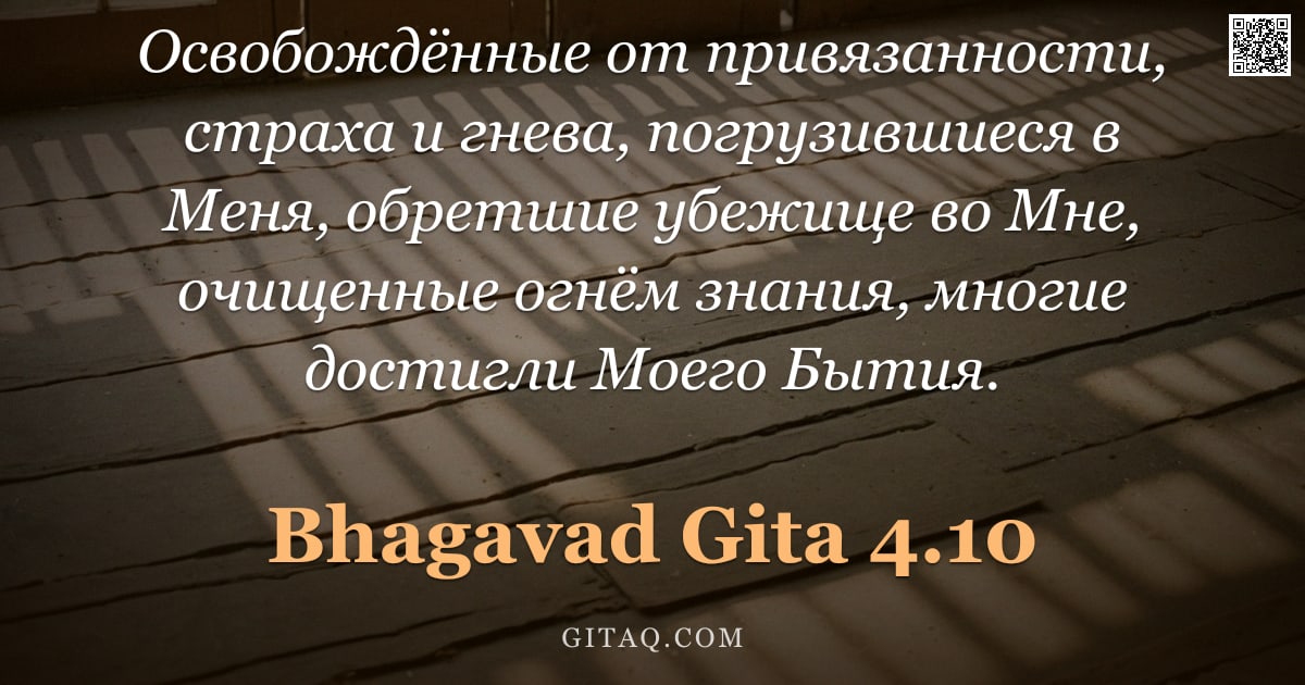 Бхагавад-гита 4.10 — "Освобождённые от привязанности, страха и гнева, погрузившиеся в Меня, обретшие убежище во Мне, очище"