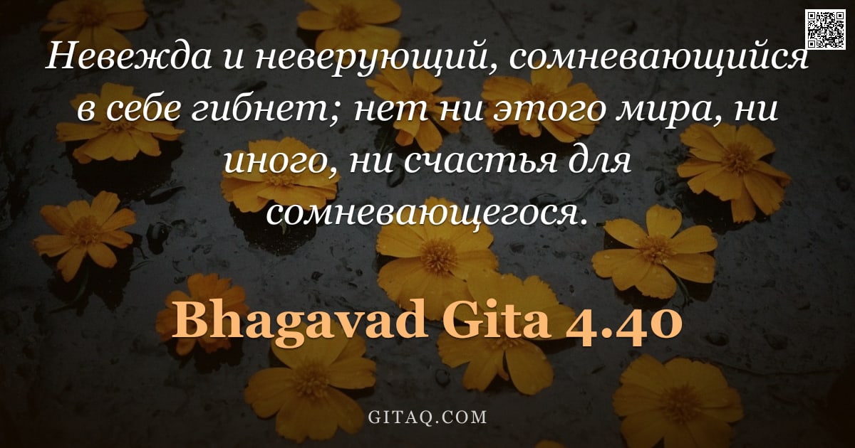 Бхагавад-гита 4.40 — "Невежда и неверующий, сомневающийся в себе гибнет; нет ни этого мира, ни иного, ни счастья для сомне"
