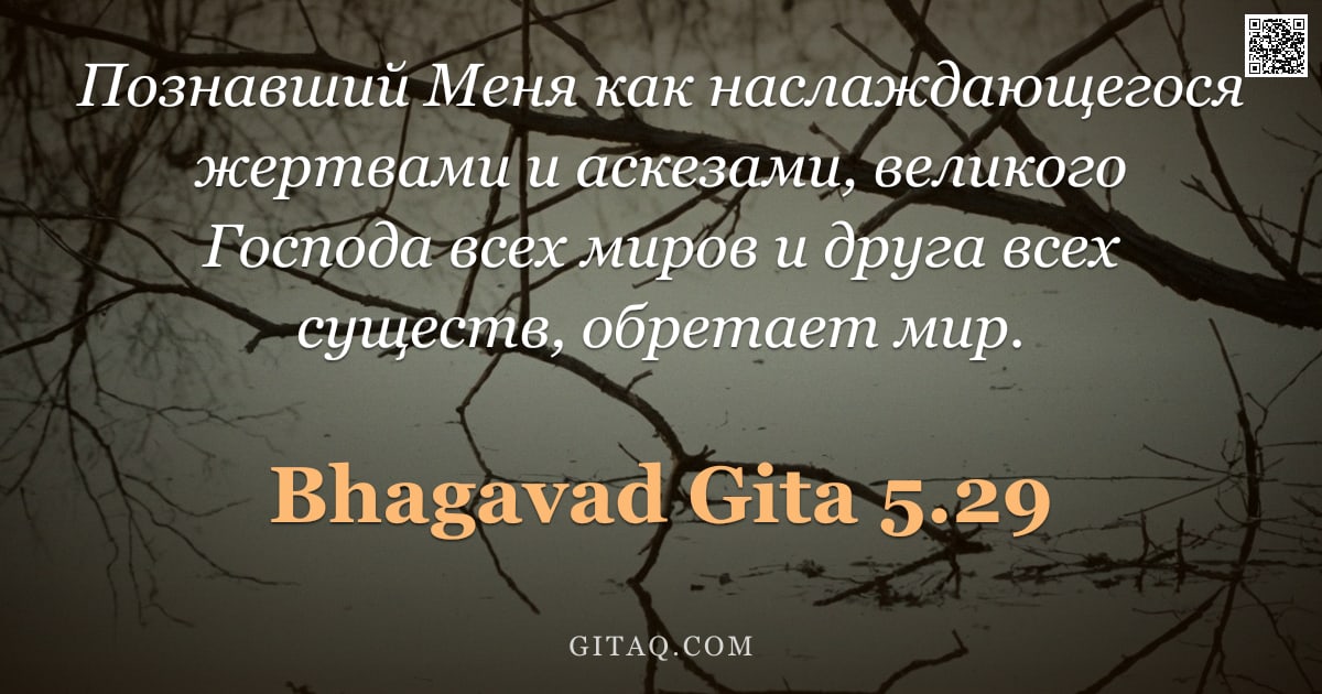 Бхагавад-гита 5.29 — "Познавший Меня как наслаждающегося жертвами и аскезами, великого Господа всех миров и друга всех сущ"