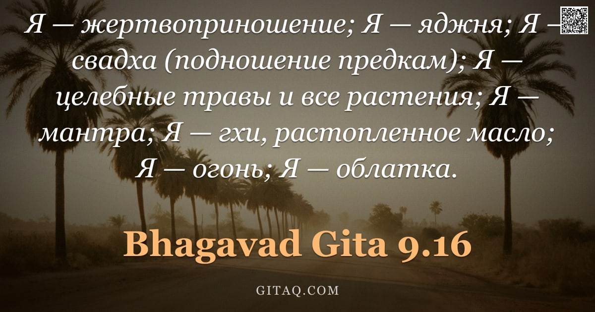 Бхагавад-гита 9.16 — "Я — жертвоприношение; Я — яджня; Я — свадха (подношение предкам); Я — целебные травы и все растения;"