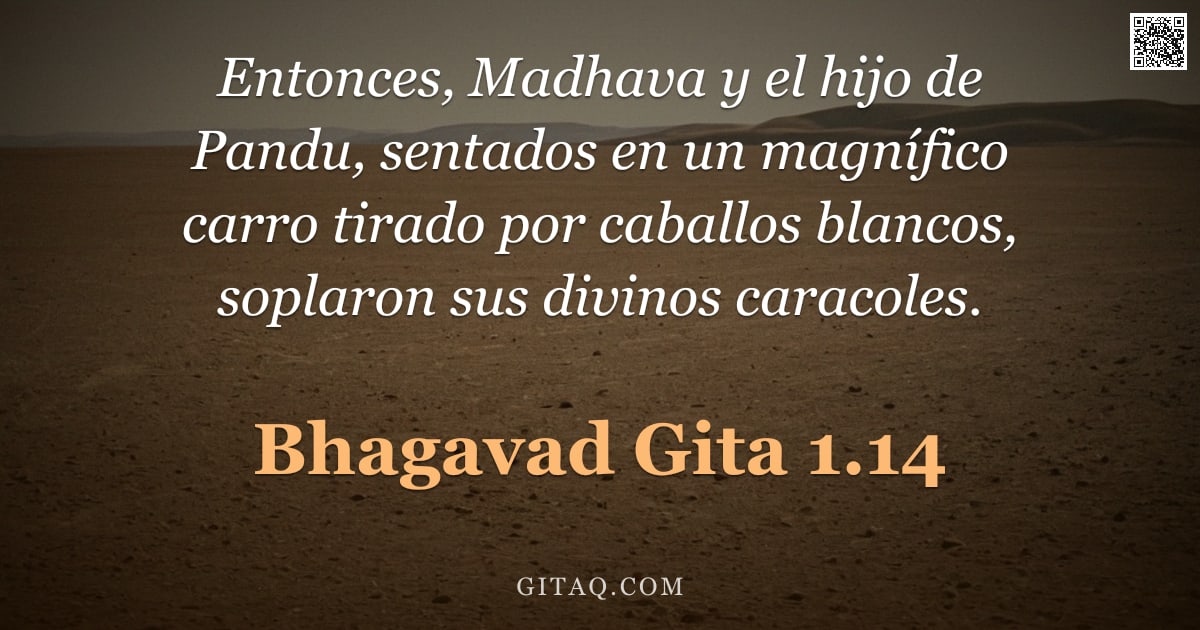 Bhagavad Gita 1.14 — "Entonces, Madhava y el hijo de Pandu, sentados en un magnífico carro tirado por caballos blancos, so"
