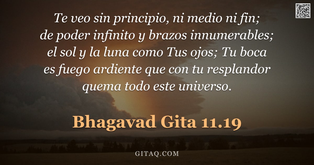 Bhagavad Gita 11.19 — "Te veo sin principio, ni medio ni fin; de poder infinito y brazos innumerables; el sol y la luna com"