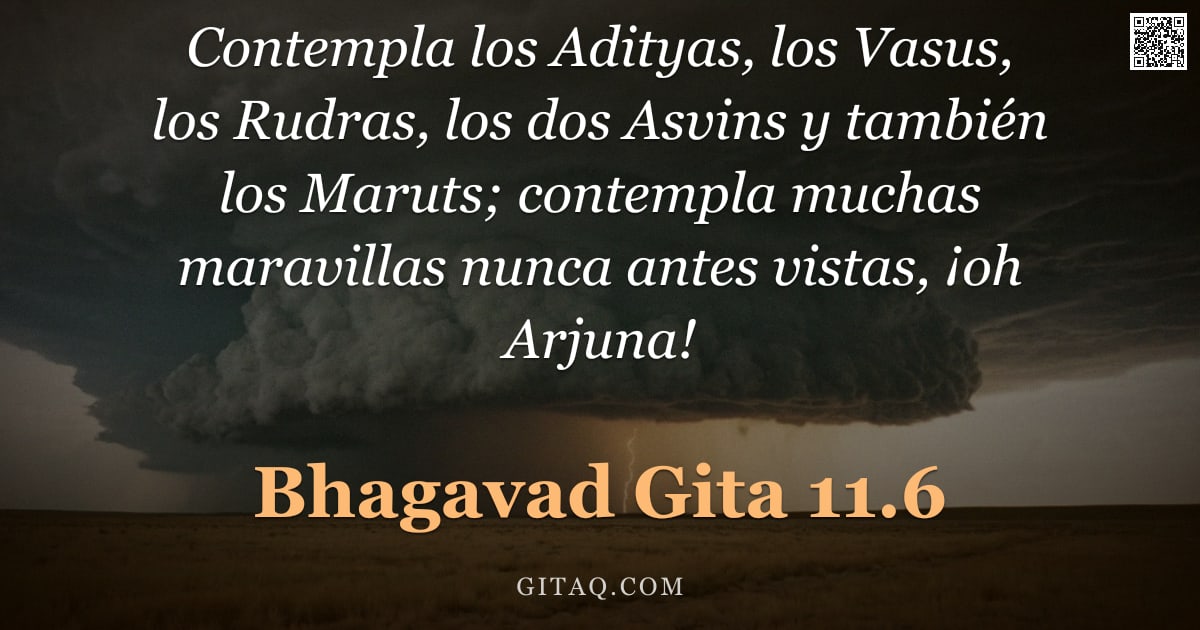 Bhagavad Gita 11.6 — "Contempla los Adityas, los Vasus, los Rudras, los dos Asvins y también los Maruts; contempla muchas "