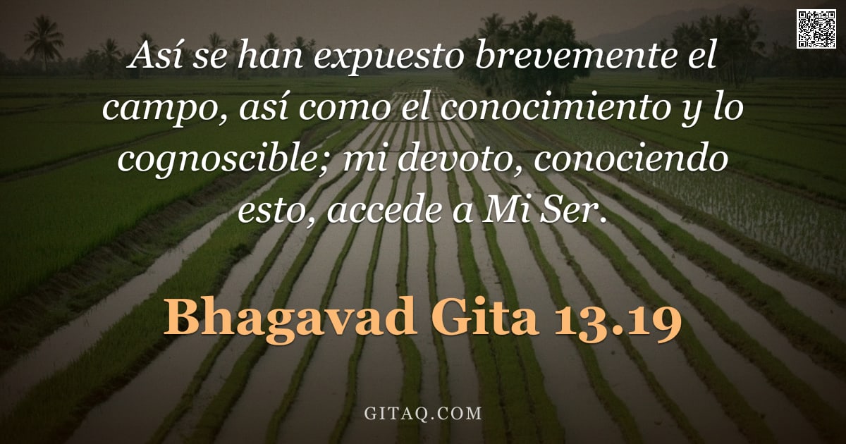 Bhagavad Gita 13.19 — "Así se han expuesto brevemente el campo, así como el conocimiento y lo cognoscible; mi devoto, conoc"