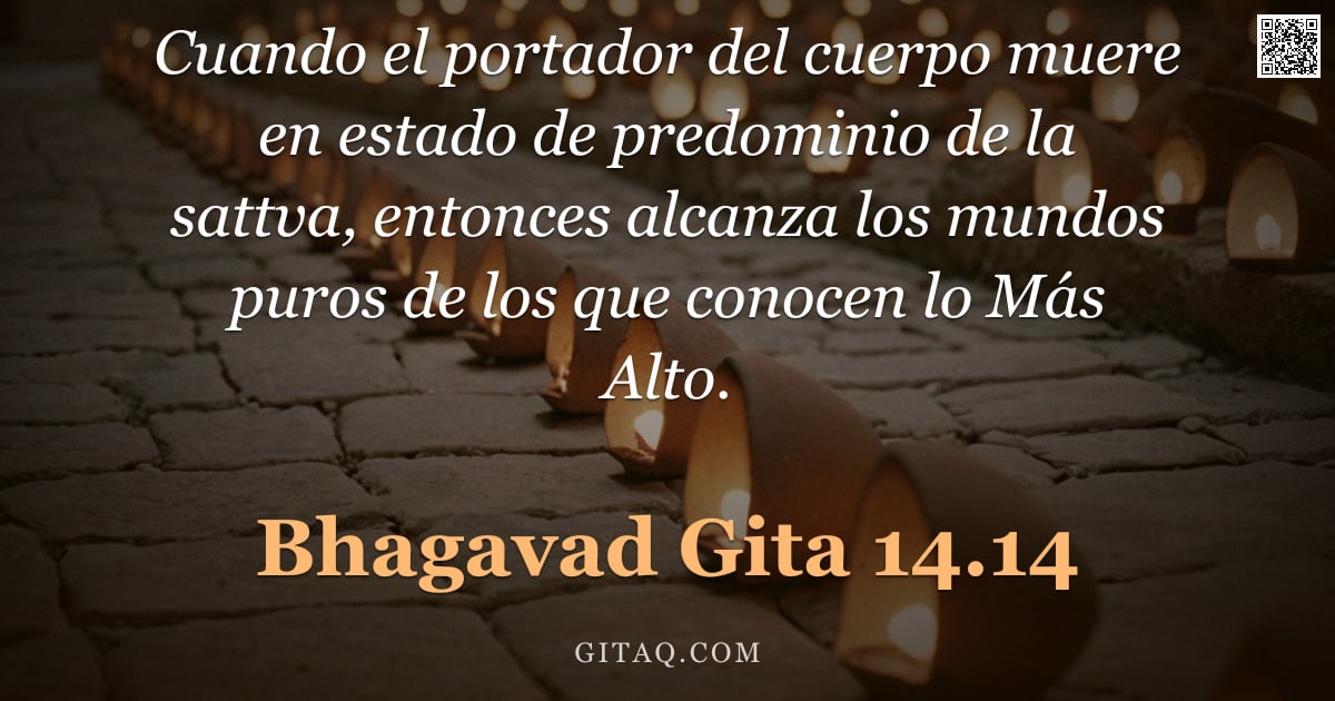 Bhagavad Gita 14.14 — "Cuando el portador del cuerpo muere en estado de predominio de la sattva, entonces alcanza los mundo"