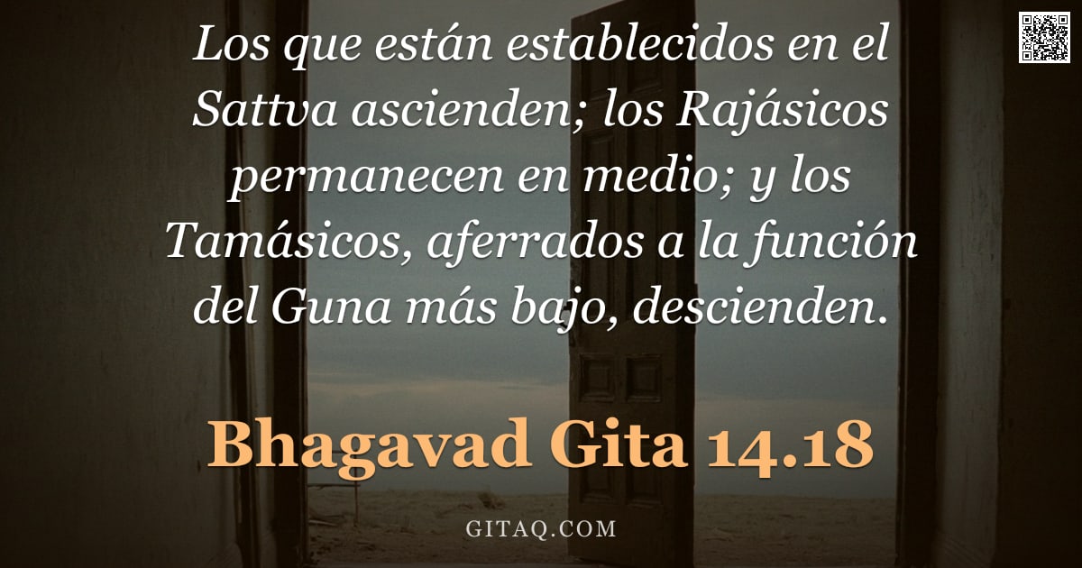 Bhagavad Gita 14.18 — "Los que están establecidos en el Sattva ascienden; los Rajásicos permanecen en medio; y los Tamásico"