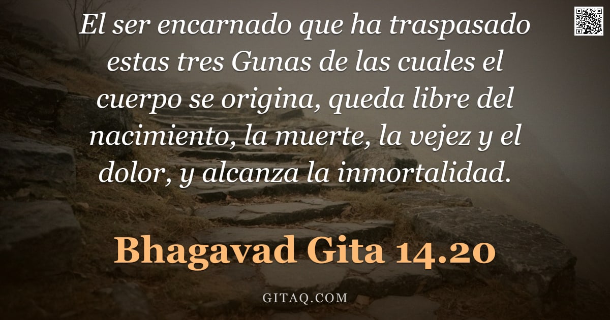 Bhagavad Gita 14.20 — "El ser encarnado que ha traspasado estas tres Gunas de las cuales el cuerpo se origina, queda libre "