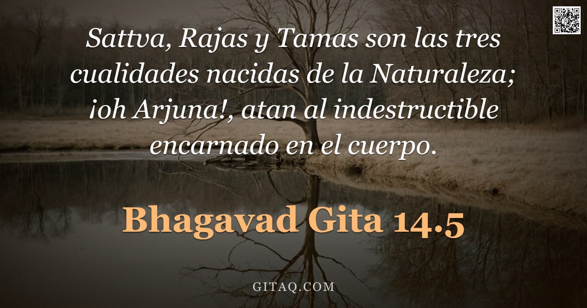Bhagavad Gita 14.5 — "Sattva, Rajas y Tamas son las tres cualidades nacidas de la Naturaleza; ¡oh Arjuna!, atan al indestr"
