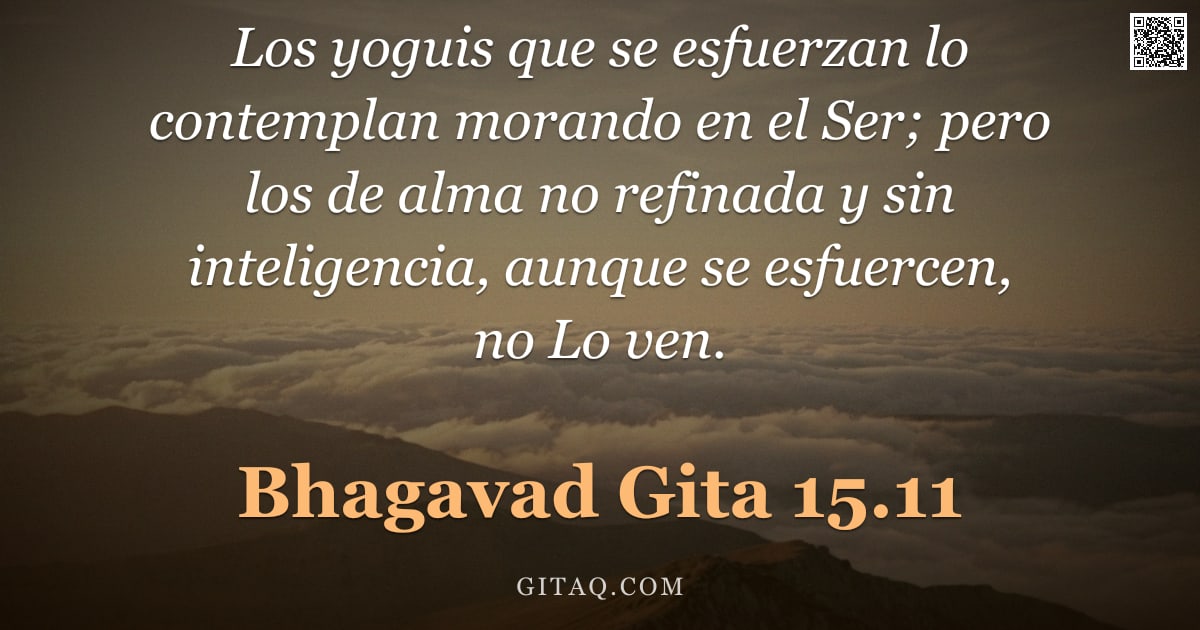 Bhagavad Gita 15.11 — "Los yoguis que se esfuerzan lo contemplan morando en el Ser; pero los de alma no refinada y sin inte"