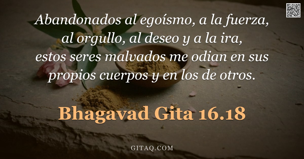 Bhagavad Gita 16.18 — "Abandonados al egoísmo, a la fuerza, al orgullo, al deseo y a la ira, estos seres malvados me odian "