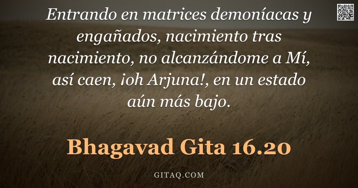 Bhagavad Gita 16.20 — "Entrando en matrices demoníacas y engañados, nacimiento tras nacimiento, no alcanzándome a Mí, así c"