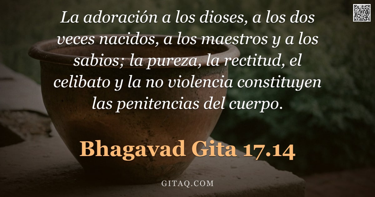 Bhagavad Gita 17.14 — "La adoración a los dioses, a los dos veces nacidos, a los maestros y a los sabios; la pureza, la rec"