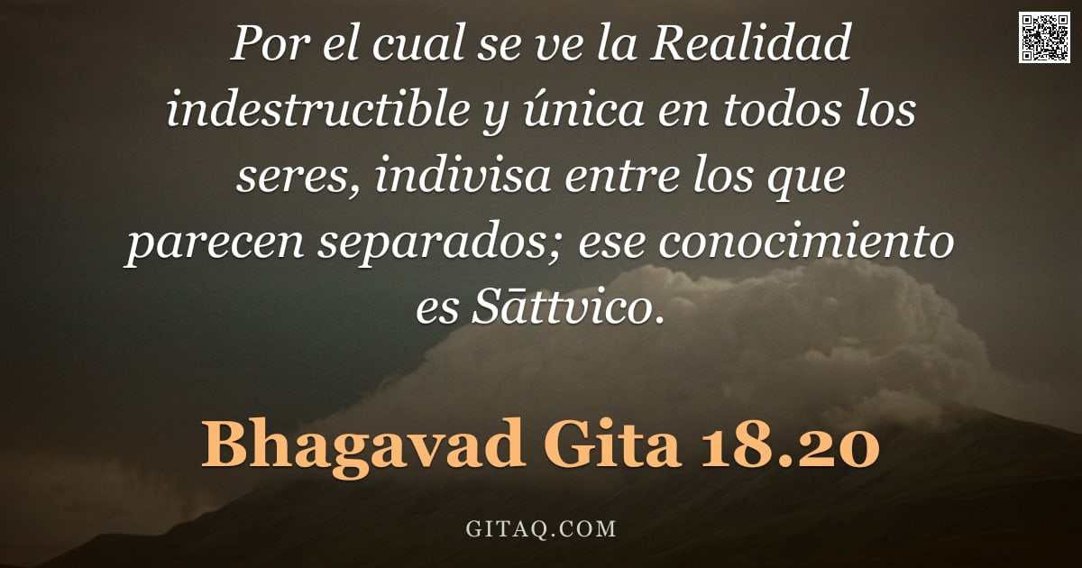 Bhagavad Gita 18.20 — "Por el cual se ve la Realidad indestructible y única en todos los seres, indivisa entre los que pare"
