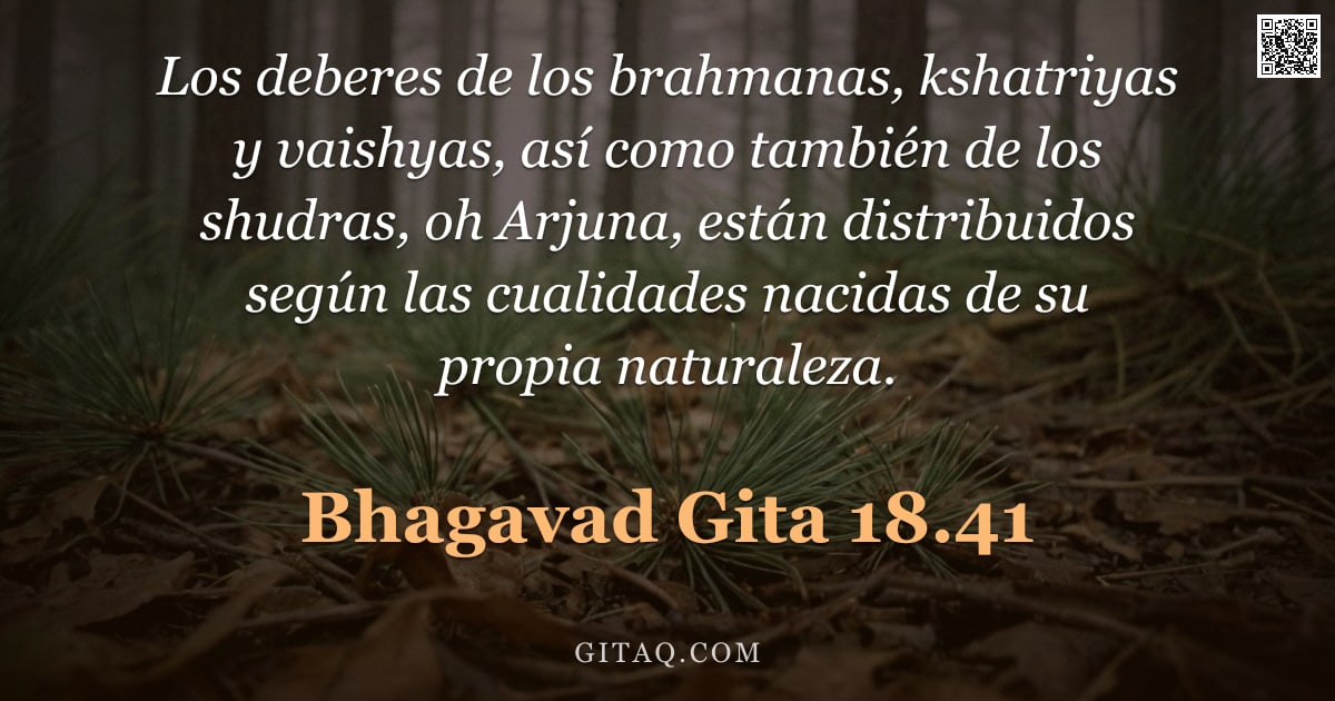 Bhagavad Gita 18.41 — "Los deberes de los brahmanas, kshatriyas y vaishyas, así como también de los shudras, oh Arjuna, est"