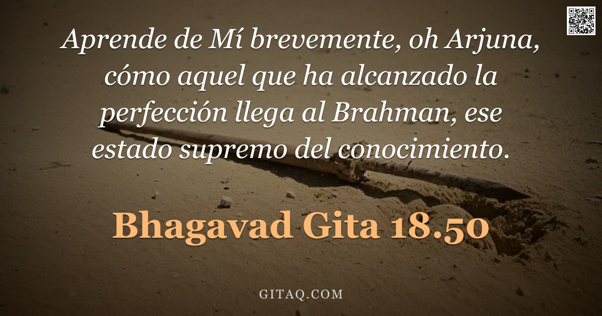 Bhagavad Gita 18.50 — "Aprende de Mí brevemente, oh Arjuna, cómo aquel que ha alcanzado la perfección llega al Brahman, ese"