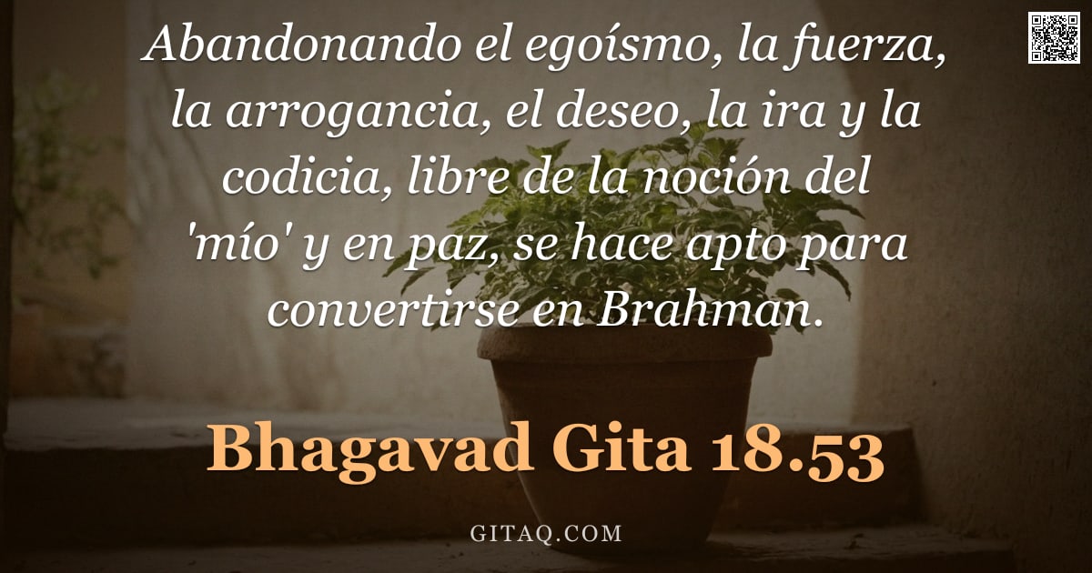 Bhagavad Gita 18.53 — "Abandonando el egoísmo, la fuerza, la arrogancia, el deseo, la ira y la codicia, libre de la noción "