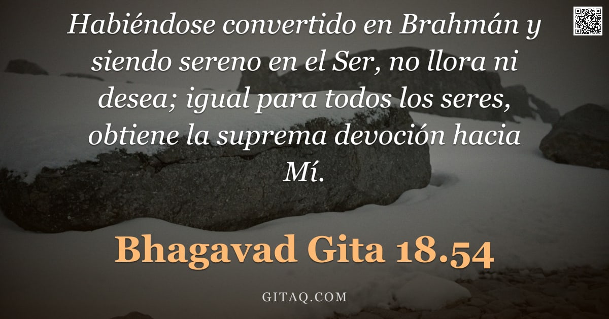 Bhagavad Gita 18.54 — "Habiéndose convertido en Brahmán y siendo sereno en el Ser, no llora ni desea; igual para todos los "