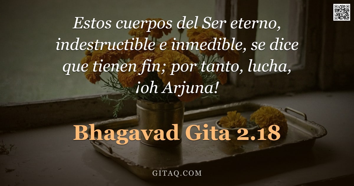 Bhagavad Gita 2.18 — "Estos cuerpos del Ser eterno, indestructible e inmedible, se dice que tienen fin; por tanto, lucha, "