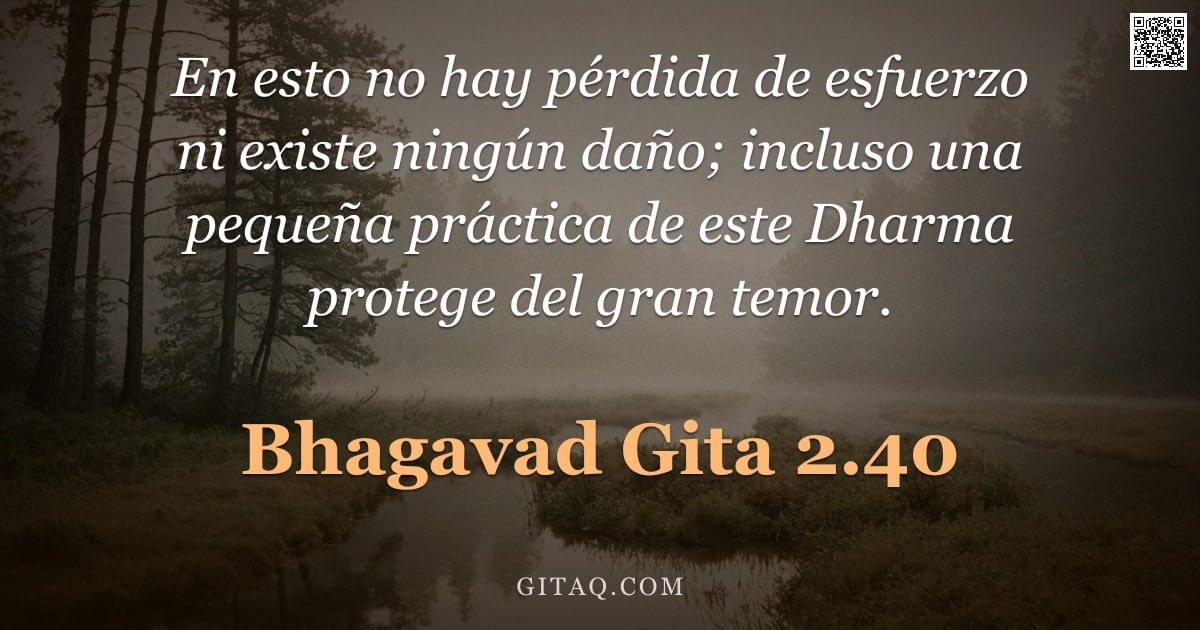 Bhagavad Gita 2.40 — "En esto no hay pérdida de esfuerzo ni existe ningún daño; incluso una pequeña práctica de este Dharm"