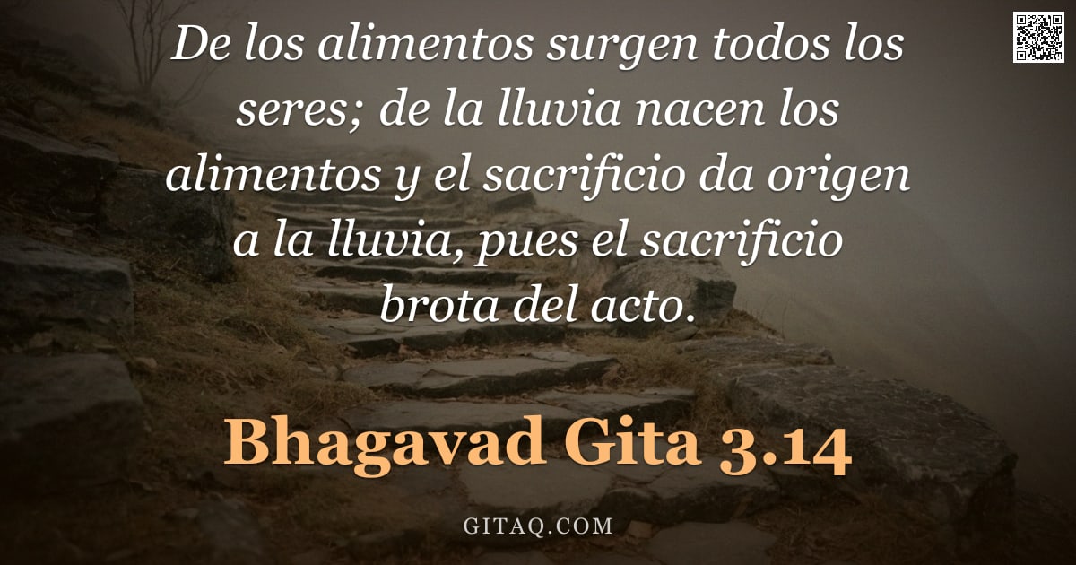Bhagavad Gita 3.14 — "De los alimentos surgen todos los seres; de la lluvia nacen los alimentos y el sacrificio da origen "