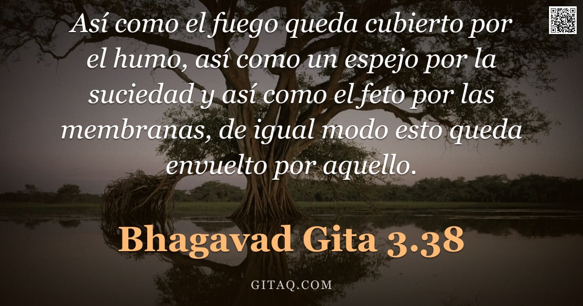 Bhagavad Gita 3.38 — "Así como el fuego queda cubierto por el humo, así como un espejo por la suciedad y así como el feto "
