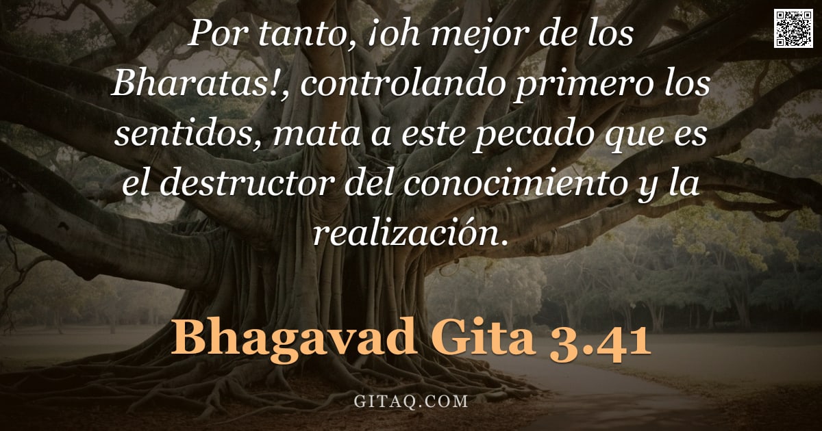 Bhagavad Gita 3.41 — "Por tanto, ¡oh mejor de los Bharatas!, controlando primero los sentidos, mata a este pecado que es e"