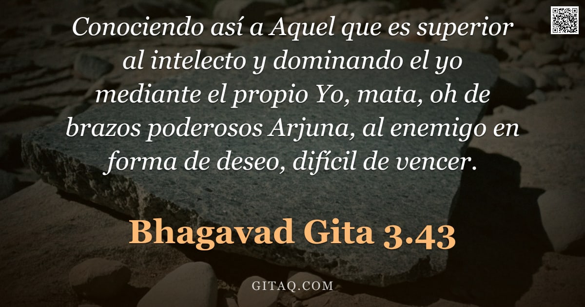 Bhagavad Gita 3.43 — "Conociendo así a Aquel que es superior al intelecto y dominando el yo mediante el propio Yo, mata, o"