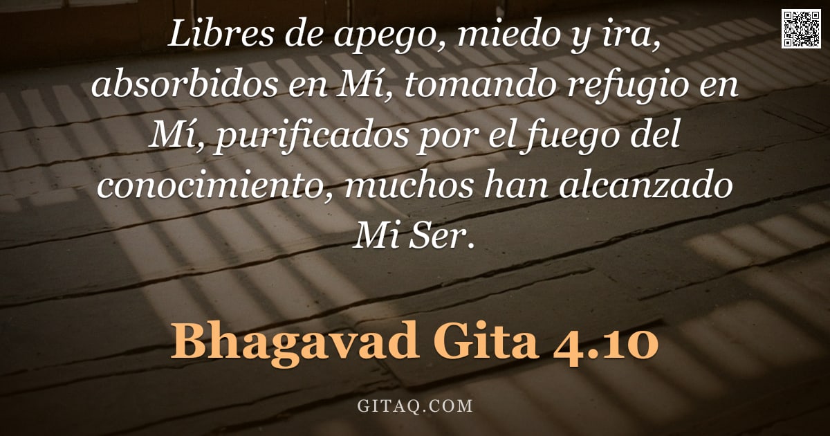 Bhagavad Gita 4.10 — "Libres de apego, miedo y ira, absorbidos en Mí, tomando refugio en Mí, purificados por el fuego del "