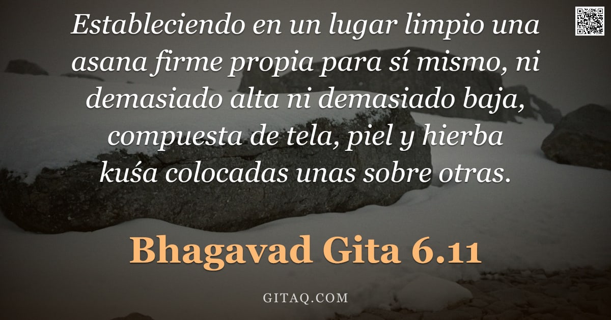 Bhagavad Gita 6.11 — "Estableciendo en un lugar limpio una asana firme propia para sí mismo, ni demasiado alta ni demasiad"