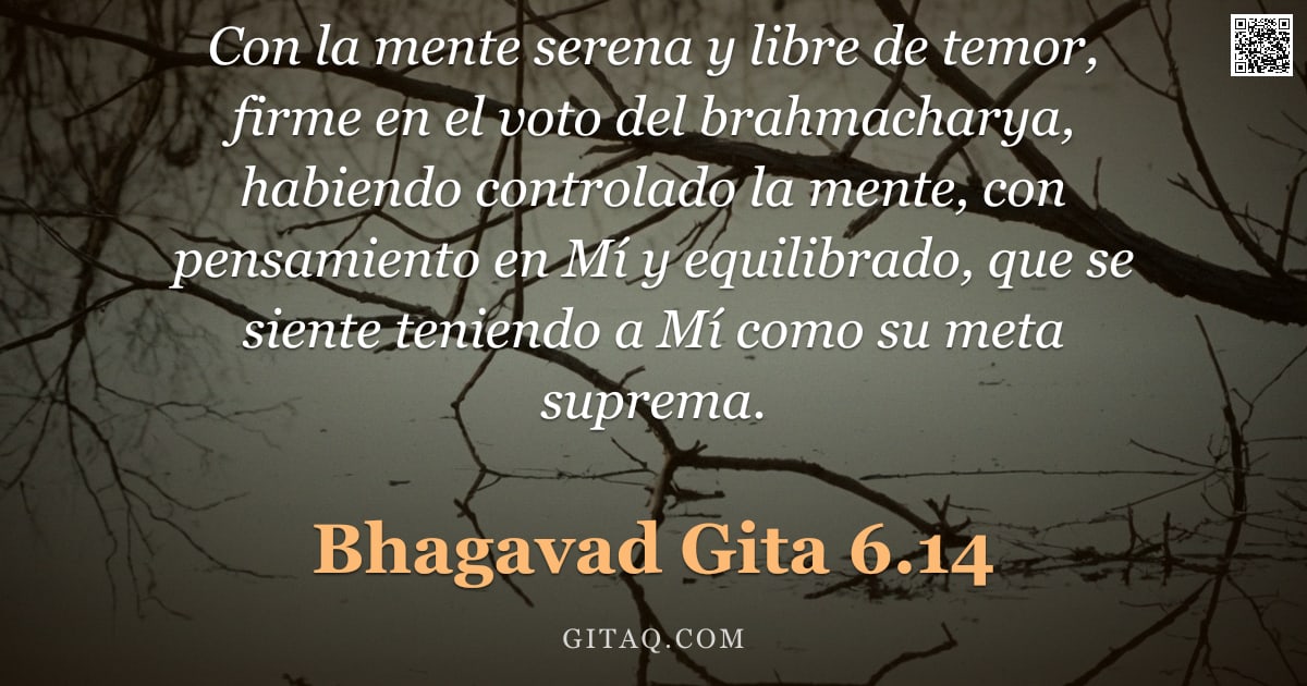 Bhagavad Gita 6.14 — "Con la mente serena y libre de temor, firme en el voto del brahmacharya, habiendo controlado la ment"