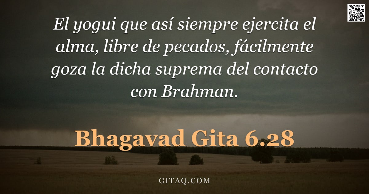 Bhagavad Gita 6.28 — "El yogui que así siempre ejercita el alma, libre de pecados, fácilmente goza la dicha suprema del co"