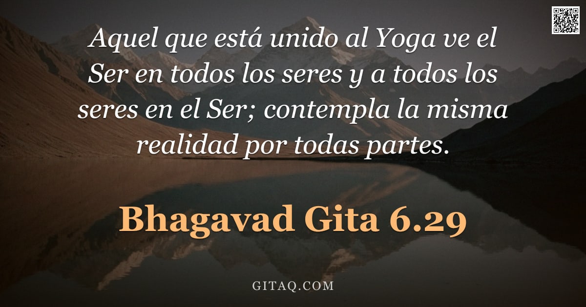 Bhagavad Gita 6.29 — "Aquel que está unido al Yoga ve el Ser en todos los seres y a todos los seres en el Ser; contempla l"